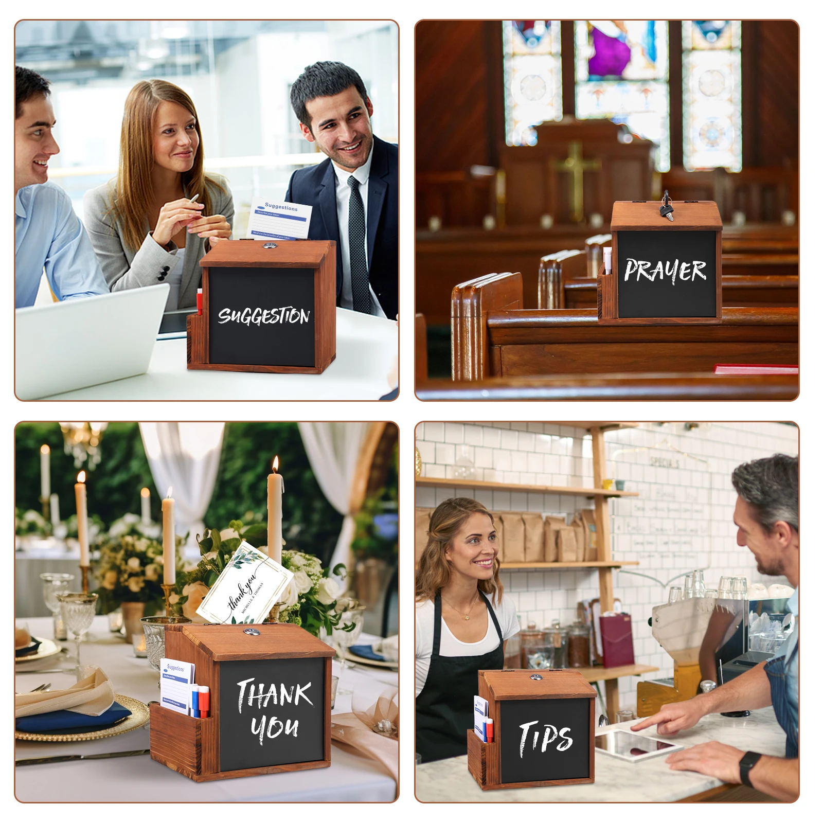 Wood Suggestion Box Wall-mounted Comment Box with Slot and 3 Erasable Pens Lockable Money Drop Box for Home Office Decoration