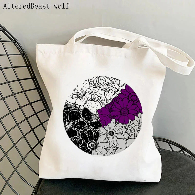 Women Shopper bag Demiromantic pride Flowers Kawaii Bag Harajuku Shopping Canvas Shopper Bag girl handbag Tote Shoulder Lady Bag