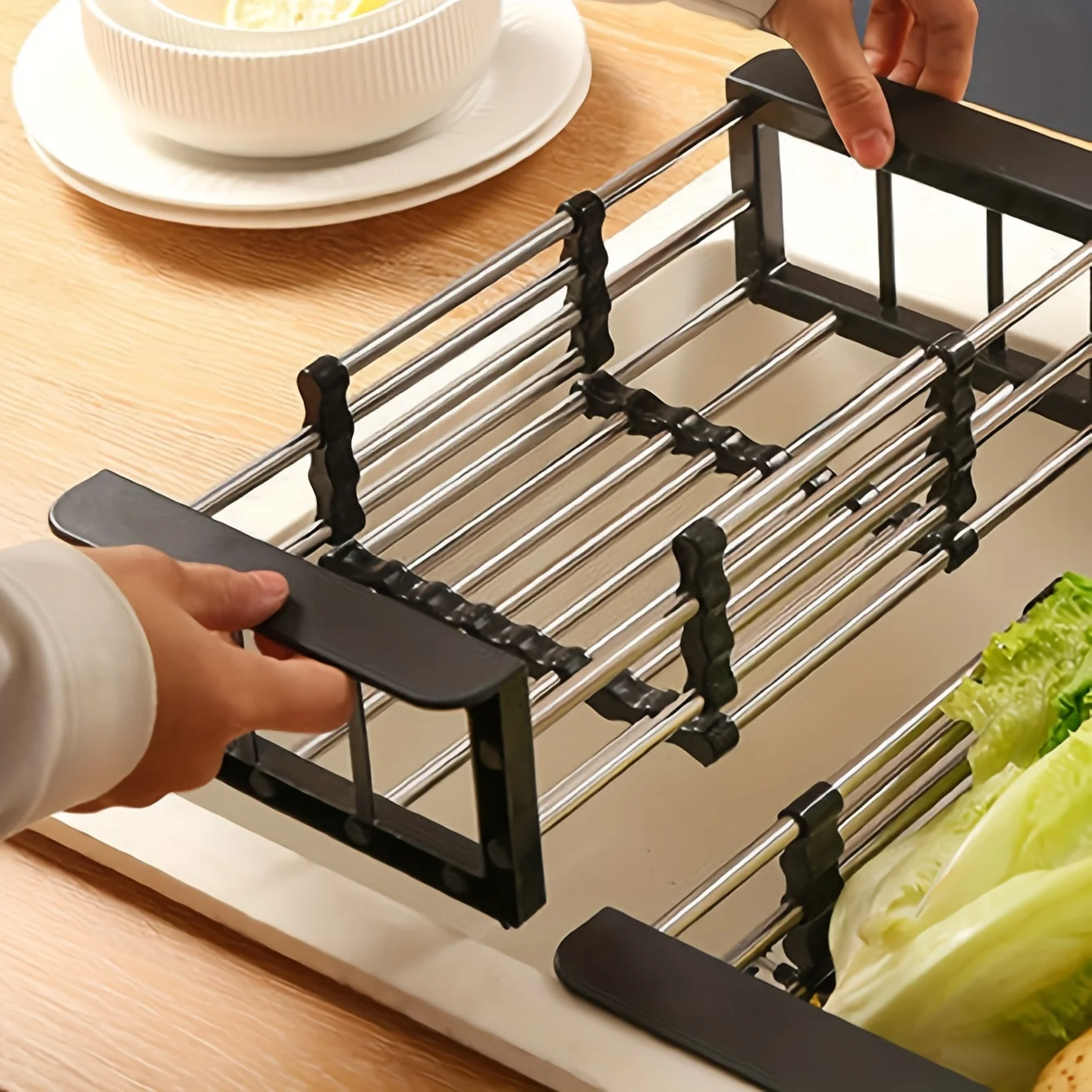 1pc Adjustable Dish Drainer Telescopic Over Sink Dish Drying Rack with  Fruit Vegetable Drain Basket Kitchen Tools and Utensils 4