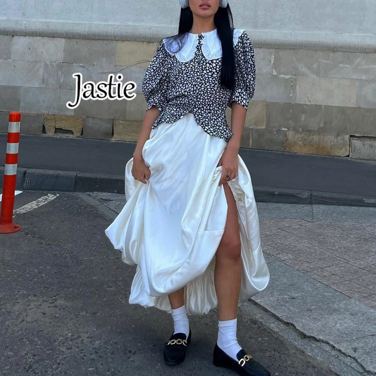 

Jastie 2024 Fashion Summer Beige Satin Skirts For Women Elegant High Waist Office Lady Long Skirt Casual Beach Loose Female Jupe