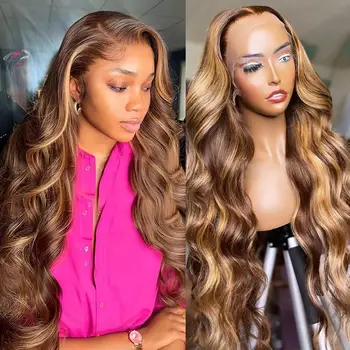 34 Inch Honey Blonde Ombre 13x4 Lace Front Wigs Human Hair Pre Plucked with Baby Hair 250% Density 4/27 Highlight Colored 1