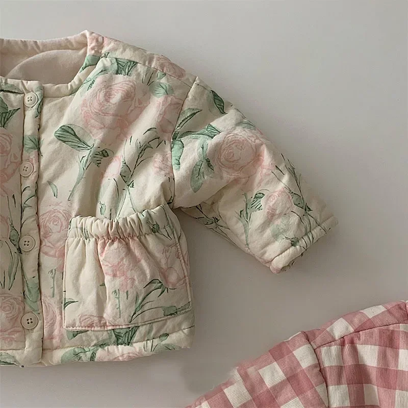 Korean Kids Boutique Clothing Down Jacket Coat Autumn Winter New Floral Printed Fashion Plaid O-neck Cotton Coat Warm Cute down jacket,children jackets