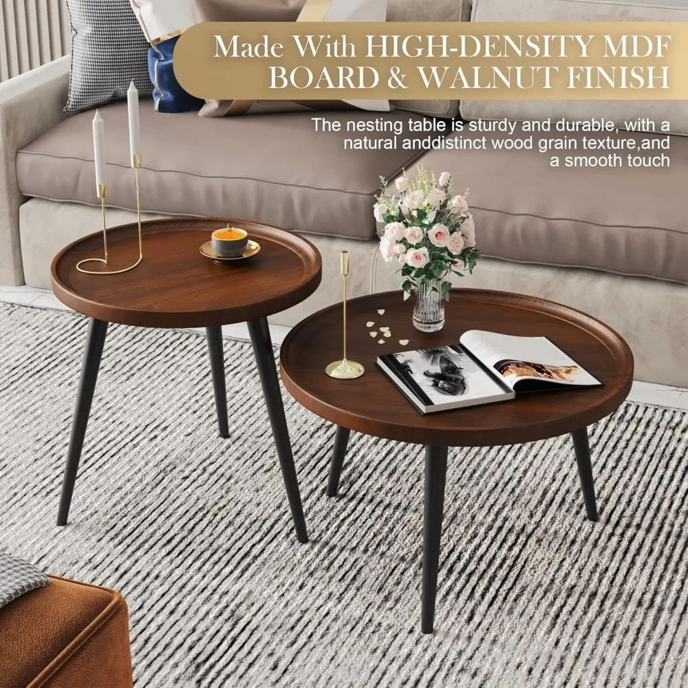 2-Piece Round Walnut Coffee Table Set, Mid-Century Modern Nesting Tables for Living Room, Sofa & Bedside 2
