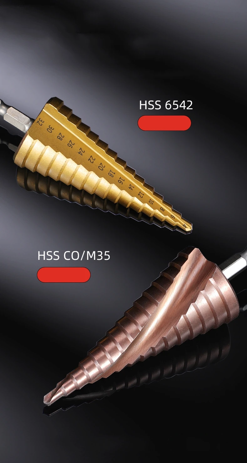 4-12/4-20/4-32mm M35 코발트 스파이럴 스텝 드릴 비트 테이퍼드 HSS-CO 드릴 비트 스파이럴 그루브 삼각형 샹크 스테인리스 스틸용