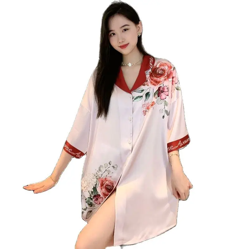 맞춤형 그물 레드 쉬폰 나이트 드레스, 여성 2023, 여름 꽃 만화 얇은 스타일, 시니어 감각 플러스 사이즈 셔츠, 섹시한 수면 드레스, 신상