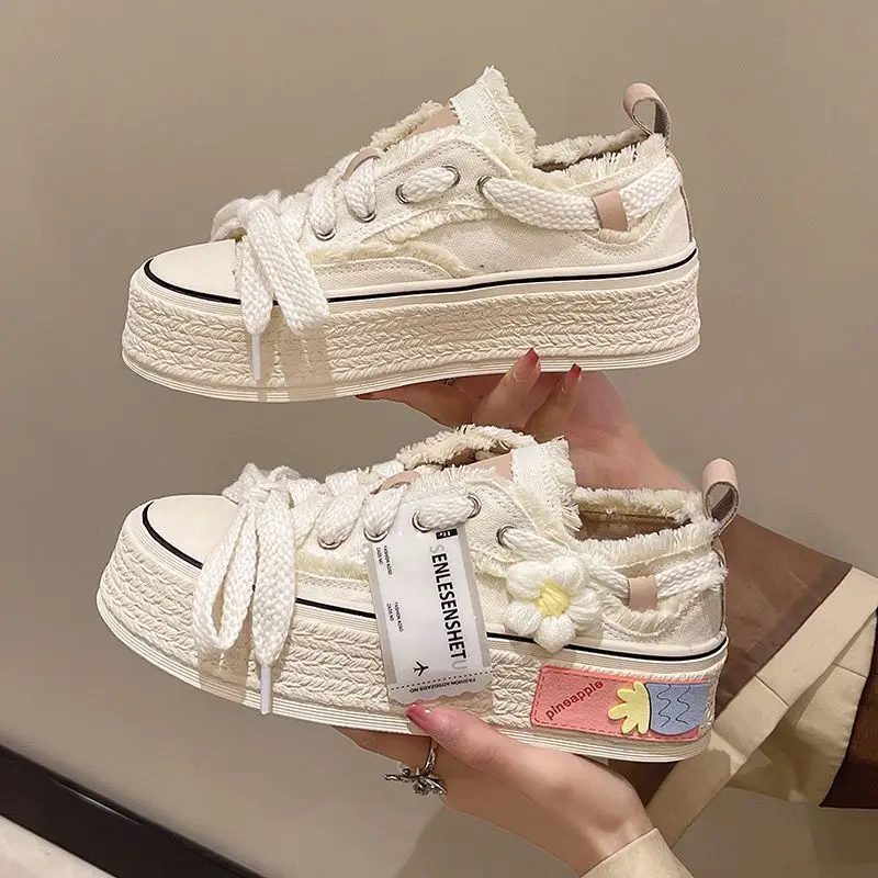 Classic Womens Style Breathable Floral Canvas Shoes Autumn Thick Platform All-match Student Sneakers Zapatillas Mujer