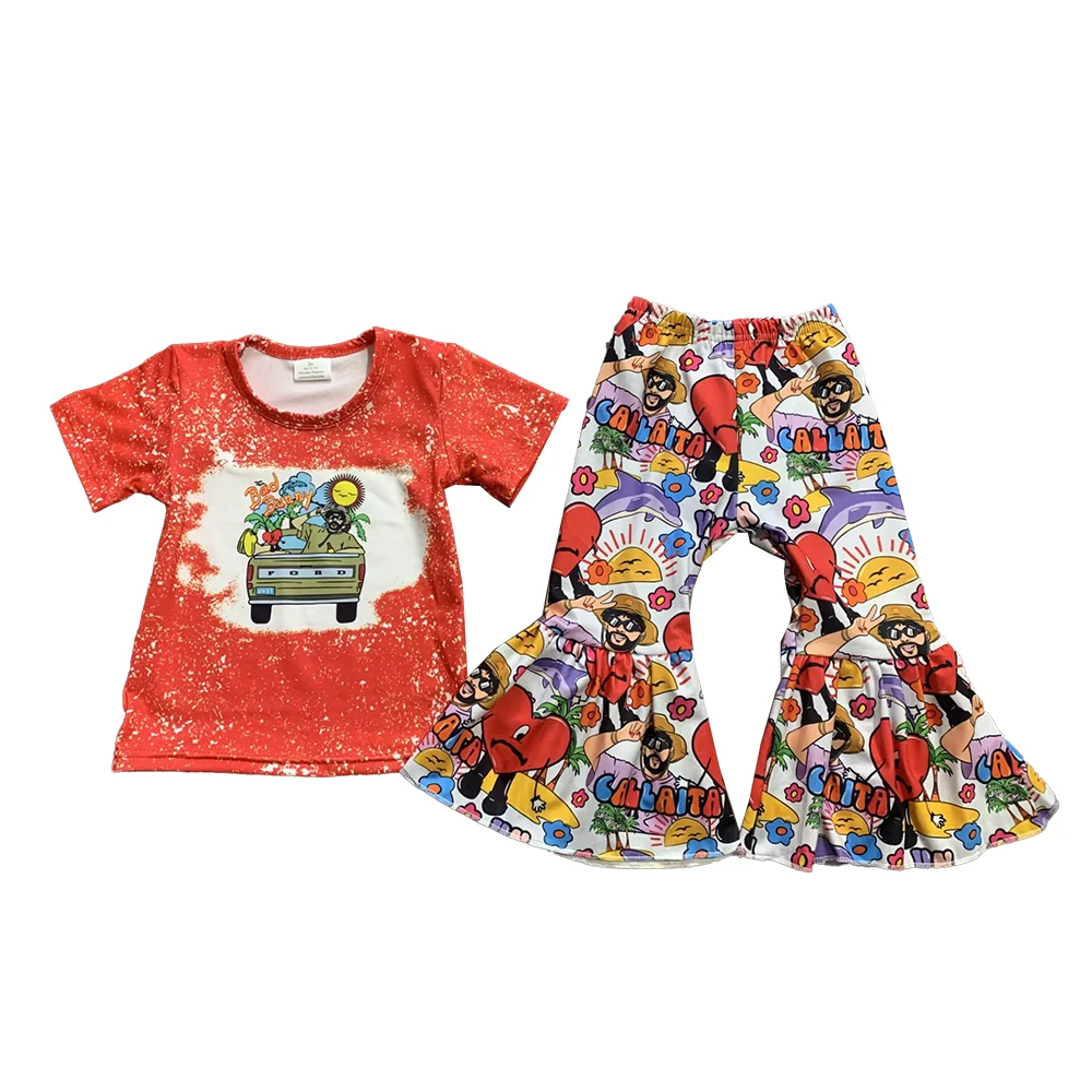 

Hot sale top with bell pants two piece sets boutique wholesale kid's cartoon print girls clothing set