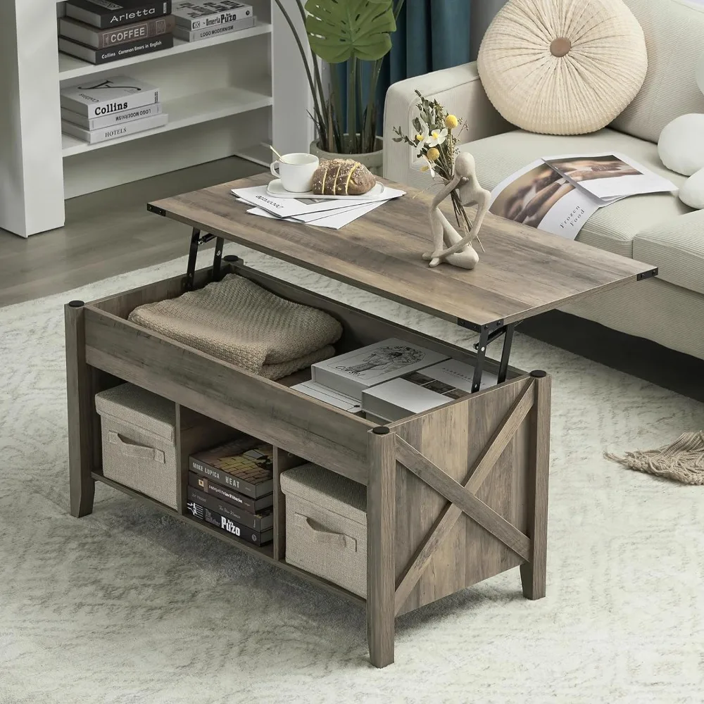 

Farmhouse coffee table, coffee table with elevator roof, lifting pop-up coffee table with storage shelf/hidden compartment