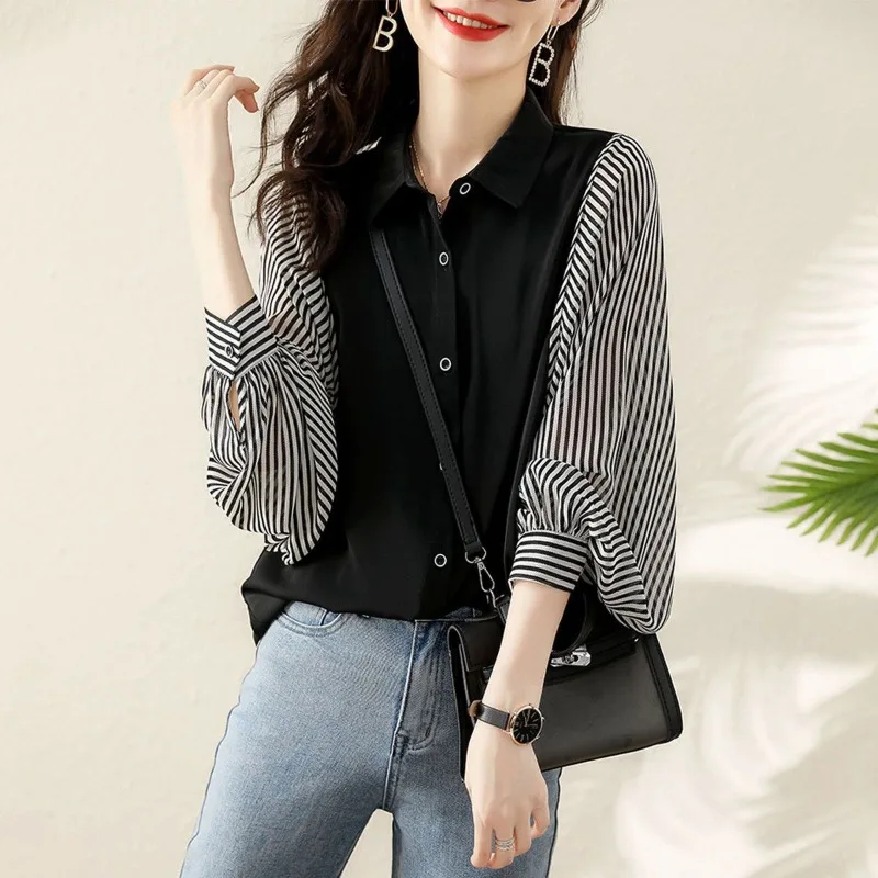 

2023 Spring and Autumn Women's Polo Patchwork Button Loose Stripelantern Sleeve Fashion Casual Elegant Commuter Long Sleeve Tops