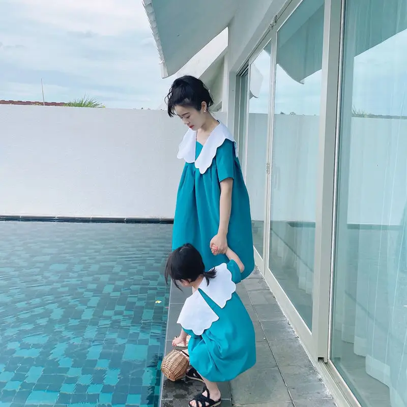 

Mommy and Daughter Matching Dress Summer New Mother Kids Girl Sea Holiday Princess Dresses Korean Matching Family Outfits