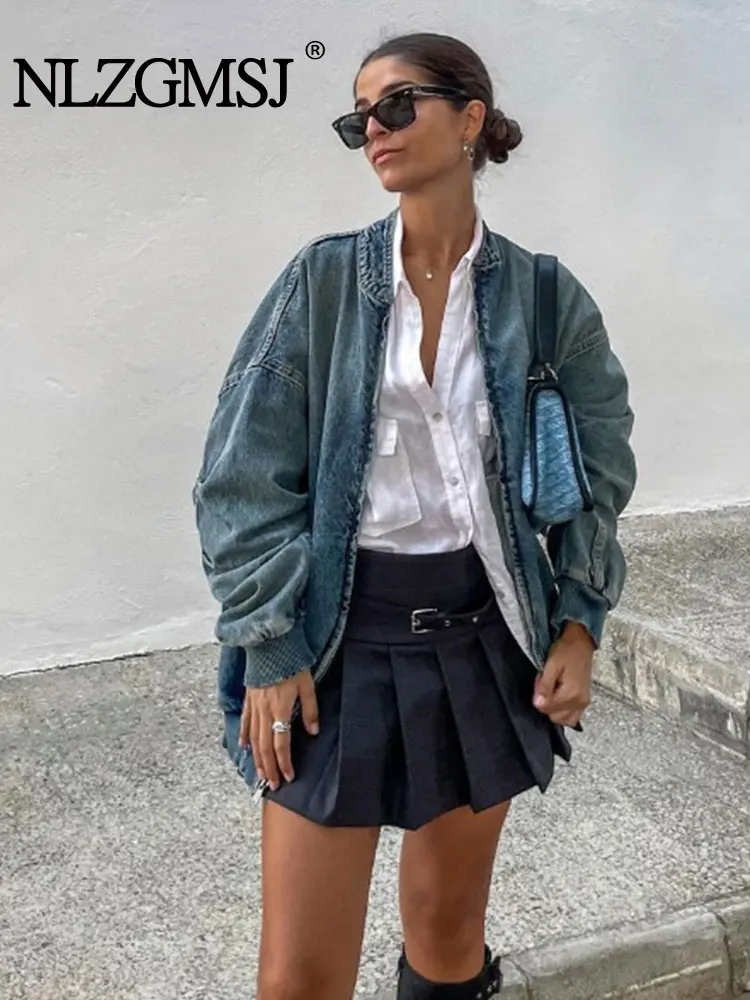 

TRAF 2023 Autumn Woman Denim Pilot Jacket Coats Fashion Single Breasted Long Sleeve Causal Street Loose Tops