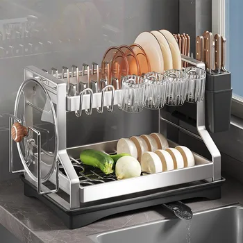 2-layer Stainless Steel Multifunctional Kitchen Shelf Dining Utensil Drying Rack Board Rack Bowl Tray Storage Rack Drainboard