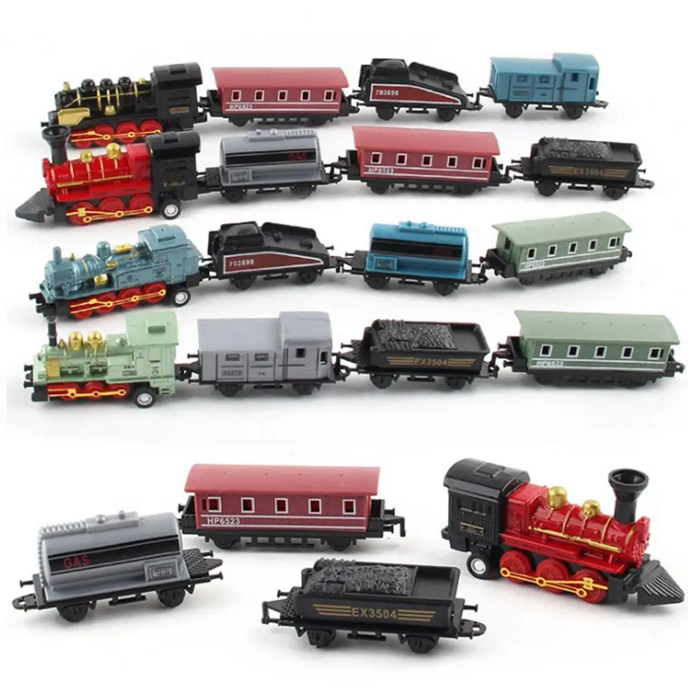 1 Set Vintage Steam Train Toy with Locomotive 3 Carriages Pull Back Realistic Mini Kids Retro Die-cast Train Model Ornament steam powered train model 1 22 copper material train model toy steam powered locomotive head toy