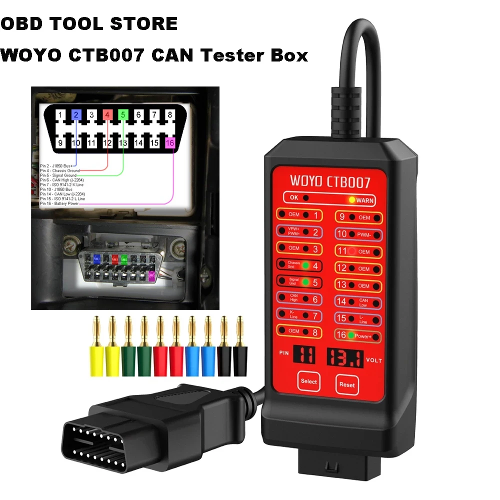 

WOYO CTB007 CAN Tester Box Pin Settings Diagnostic Scanner Tool OBD2 16Pin Break Out Detection Protocol Data Auto ECU Maintenan