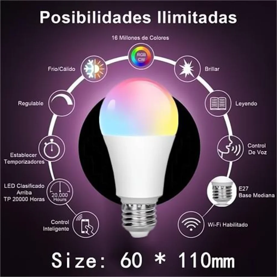 Bombilla LED Inteligente WiFi 15W RGB Regulable - Compatible Con Alexa Y Google Home, Color Y Blanco Cálido