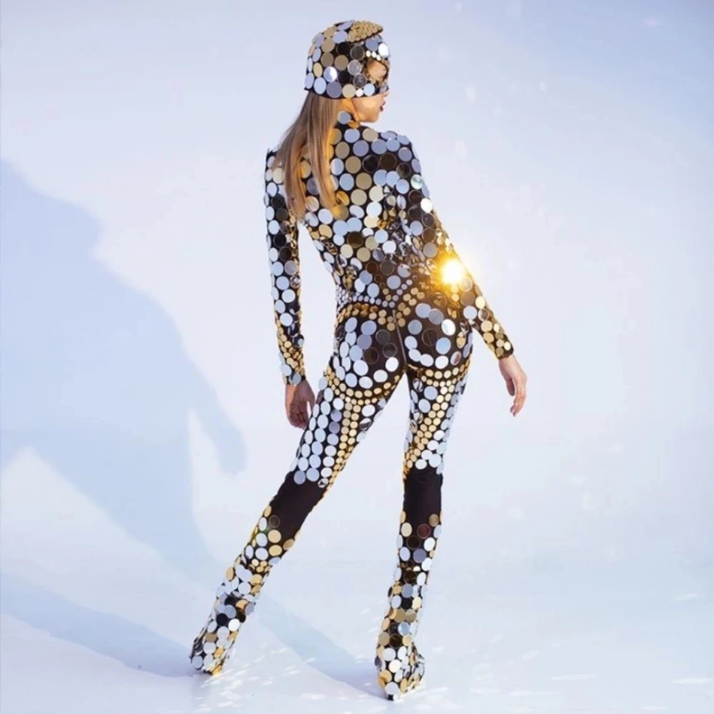 Cat Mask Mirror Body Model Costume Passerella Stage Dance Wear Round Mirror Tuta Sequin Mirror Light Set Completo Di Un Pezzo