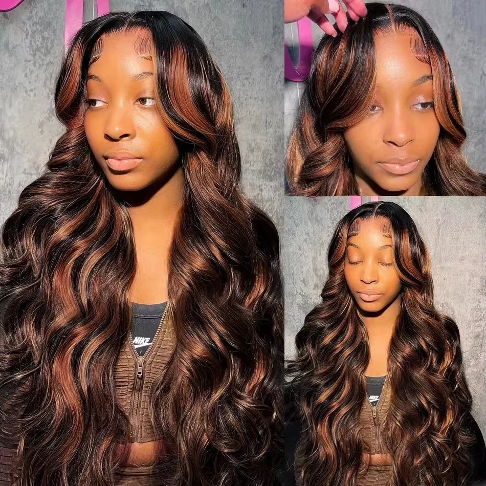 30 Inch 1B/30 Black Brown Highlight Ombre Body Wave 13x6 HD Lace Front Wigs 13x4 Lace Frontal Wig Human Hair for Women