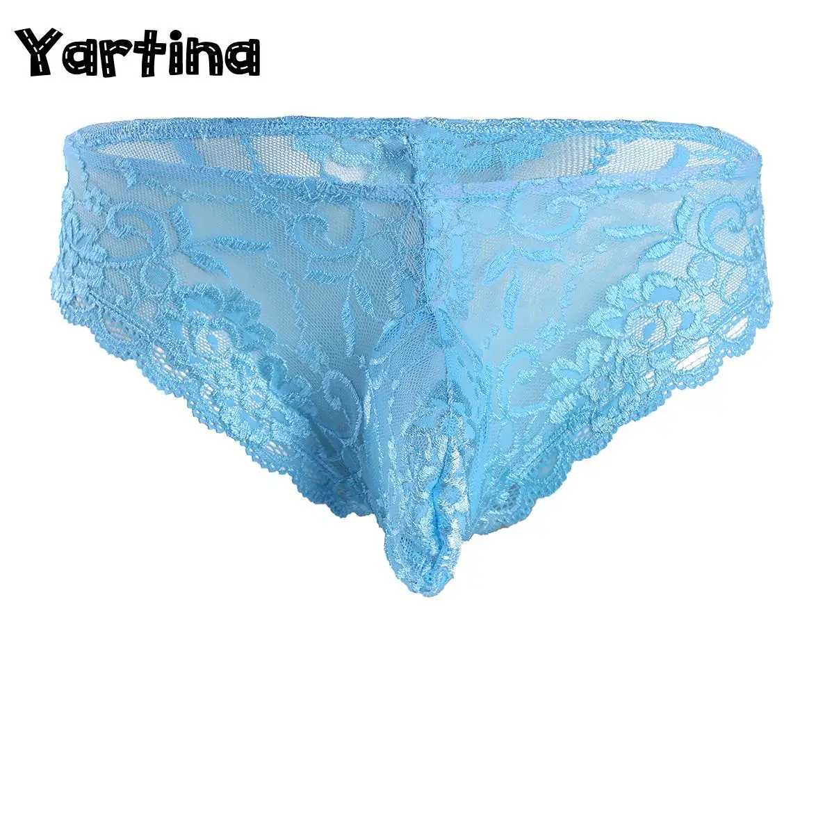 Mens Lingerie Sissy Panties Lace Floral Bulge Pouch Low Rise Bikini Briefs Semi-see Through Mesh Bikini Underwear Underpants