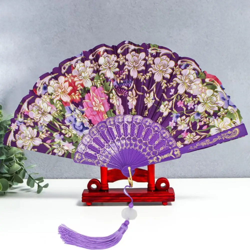 2023 Vintage Silk Fan Floral Pattern Decorative Wedding Party Chinese Japanese Bamboo Tassel Fan Dance Hand Fan abanico de mano