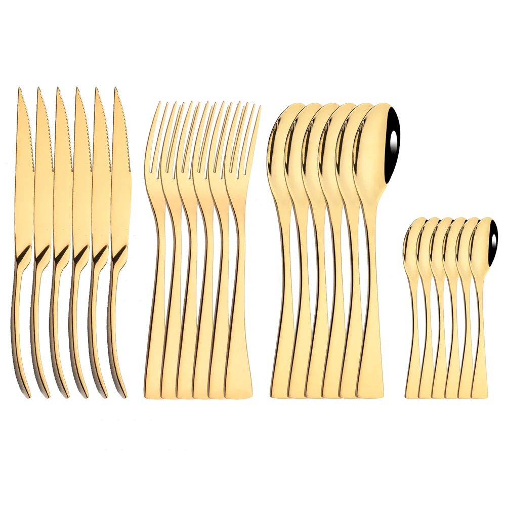 

24Pcs 18/10 Stainless Steel Gold Flatware Set Black Dinnerware Steak Knife Fork Spoon Teaspoon Cutlery Food Tableware Dropship