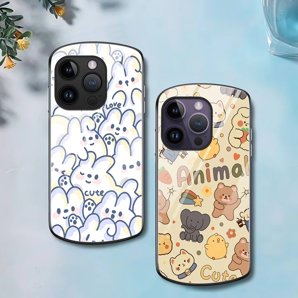 

Cartoon Animal Phone Case for iPhone 15 14 12 11 Pro Max Mini XR XSMax 7 8 Plus SE Oval Tempered Glass Carcasa for iPhone 13