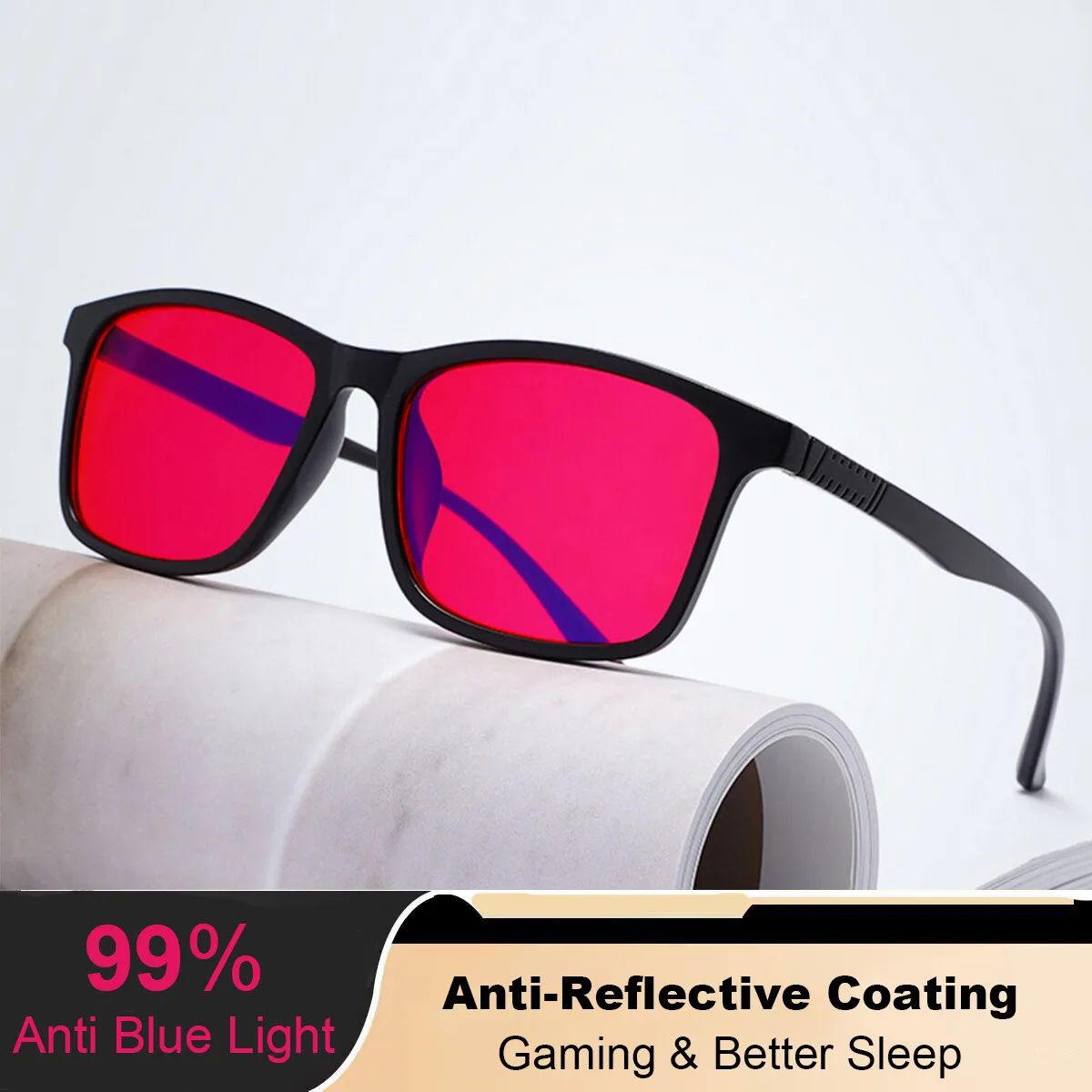 Vintage Square Anti-Blue Light Glasses with Red Tinted Lenses for Gaming and Better Sleep