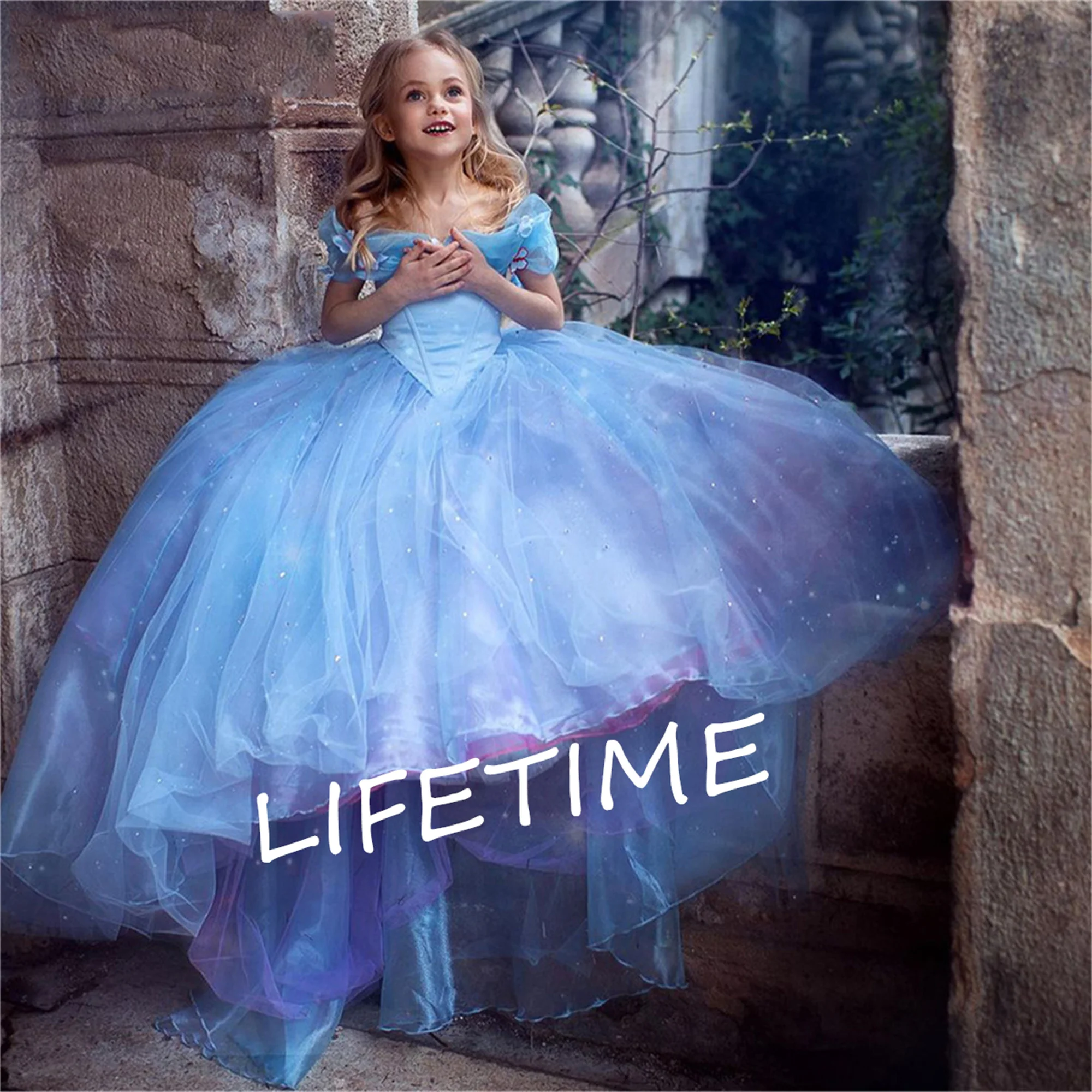 Treasure Blue Shiny Tulle Butterfly Decoration Off Spalla Flower Girl Dress Wedding Flower Child Santis Prom Dress