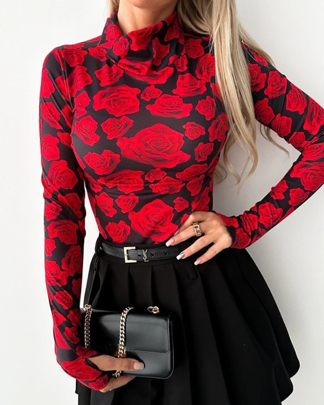 

Color Blocking Printed Long Sleeved Top, New Hot Selling Fashion Casual High Necked Pullover, Spring and Summer Women's Clothing