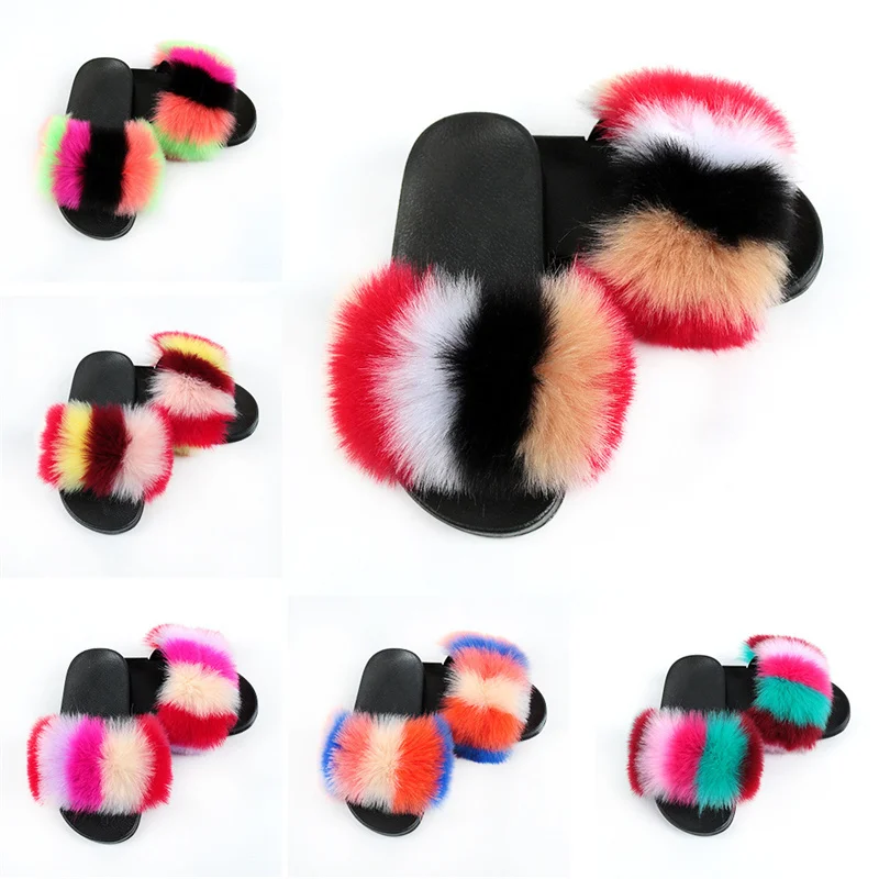 

Fashion Summer Children Modern Fur Slippers Shoes for Girls PVC Flat Sole Indoor Outdoor Patchwork Plush Kids Slides Antiskid