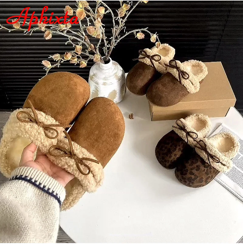 Aphixta Fashion Upper Bowknot 3cm Flat With Half Slippers Women Leopard Platform Warm Cotton Round Toe Slip On Lady Shoes