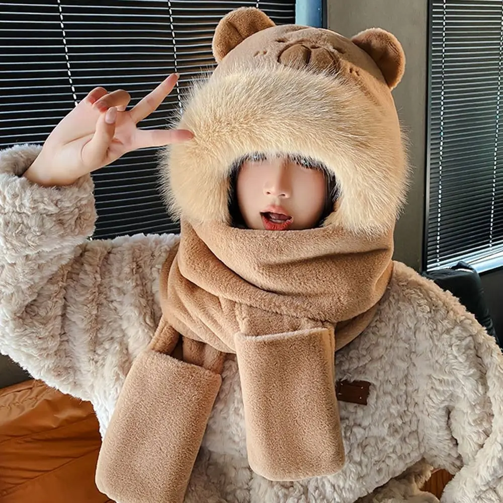 Trendy 3 in 1 Capybara Hat Scarf Set Cartoon Panda Scarf Hat Glove for Women Soft Ear Protection Furry Scarf Cap Set Girls 5