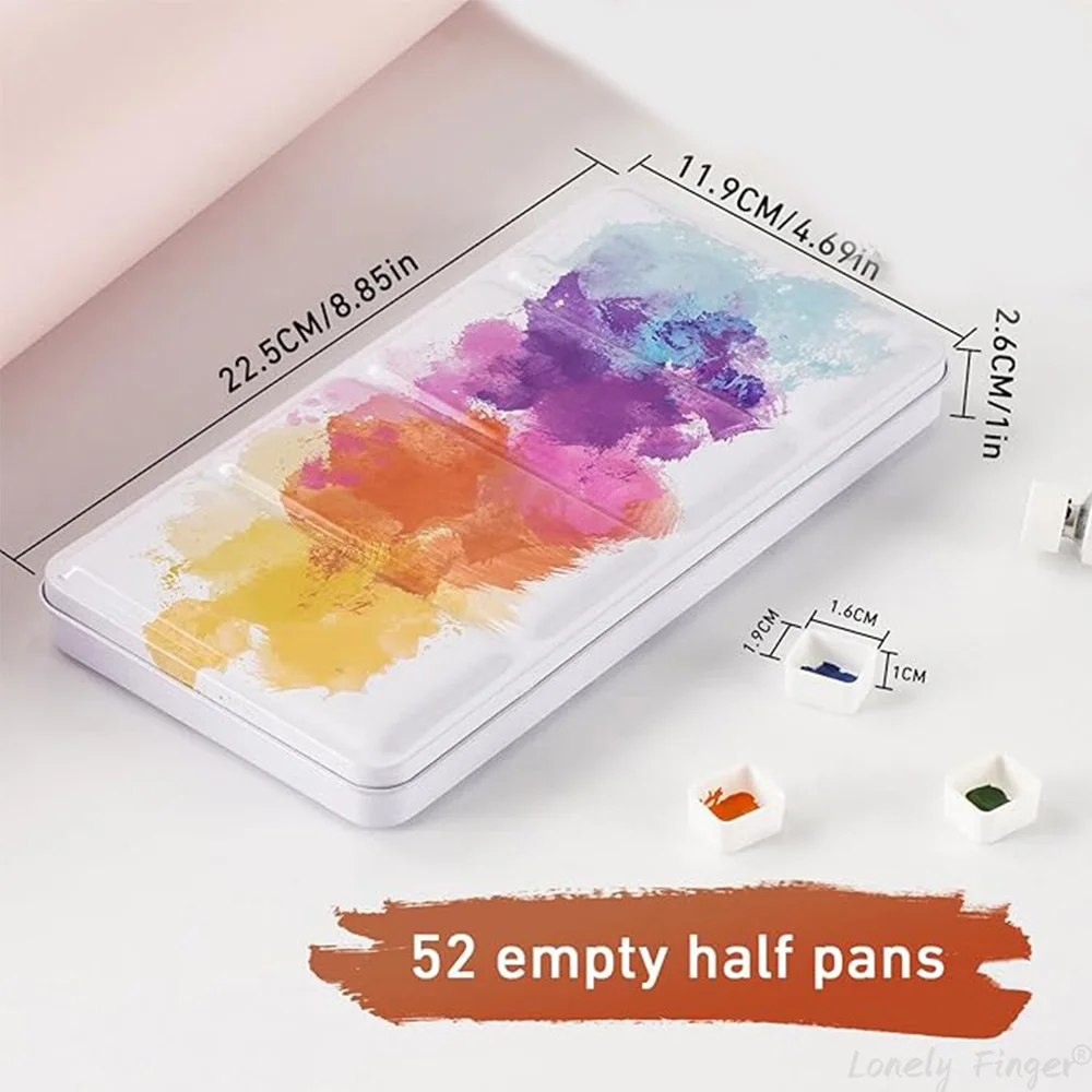 52개의 빈 반 팬과 1개의 물 펜이 포함된 금속 수채화 주석 상자 - 접이식 혼합 트레이 - 휴대용 여행용 수채화 팔레트