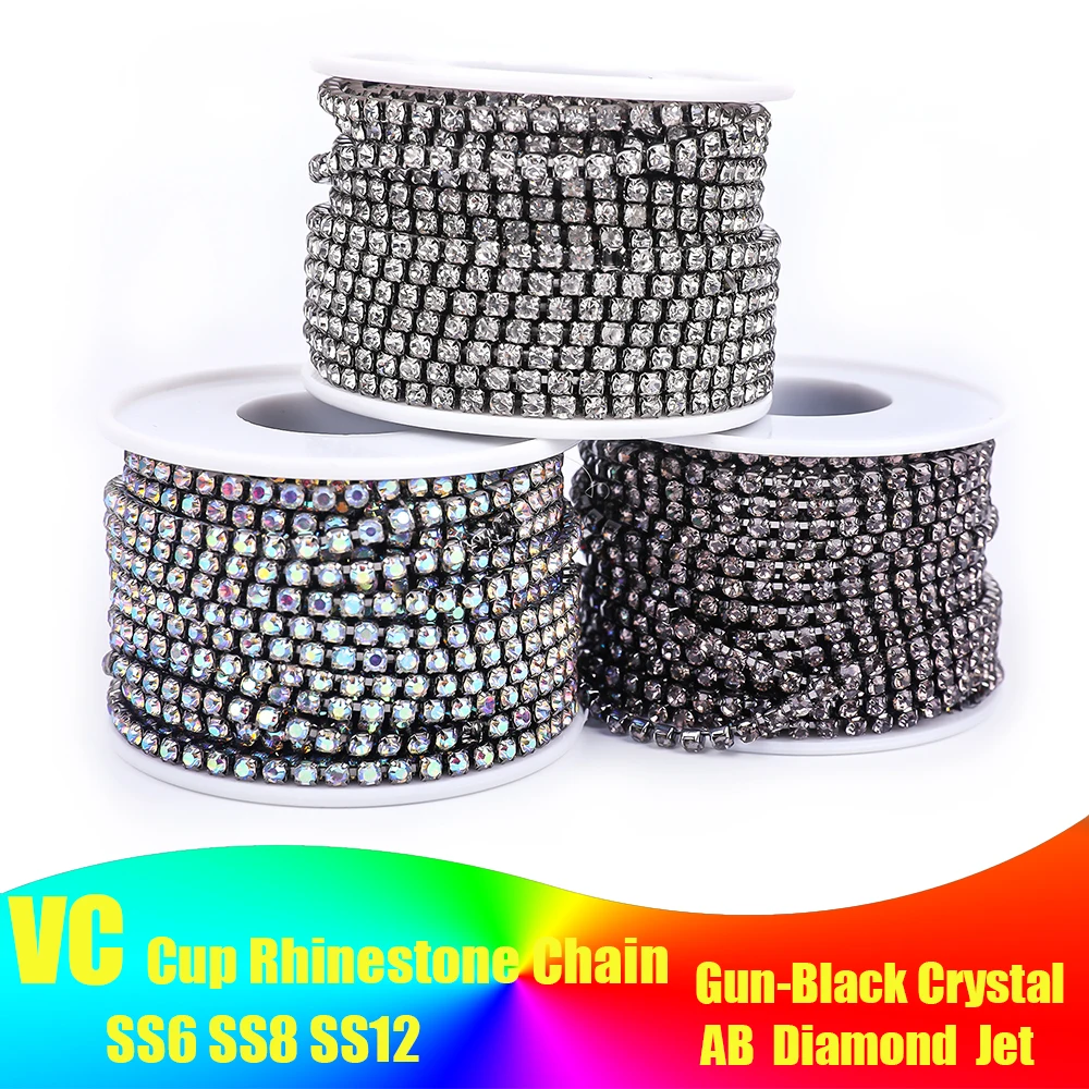 Vc Diamant Pistole-schwarzer Kristall/schwarzer Strass Tasse Kette Glas Kristall Strass Trim für DIY Kleidungs stück Dekoration