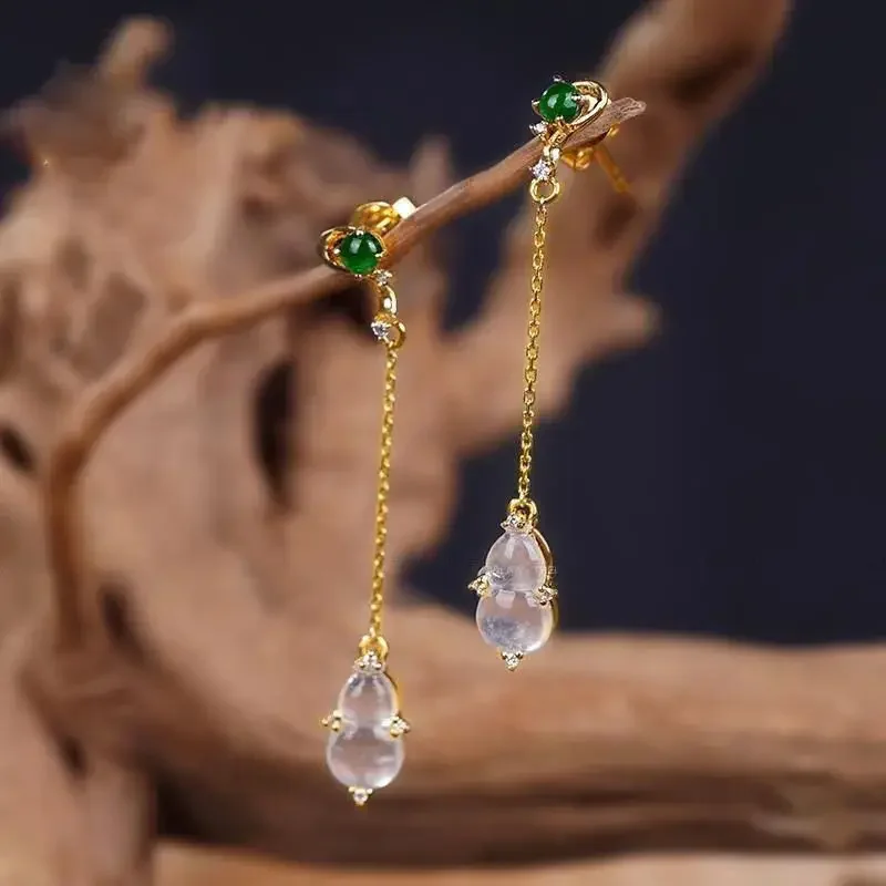 

New in silver inlaid diamond natural high ice chalcedony gourd long Earrings for women simple Chinese light luxury jewelry