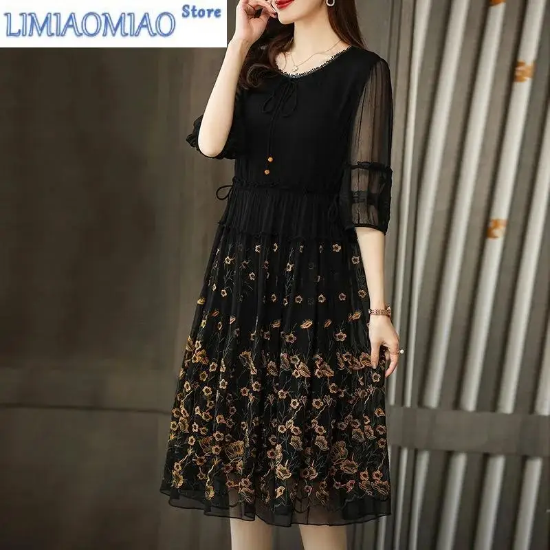 

New Summer Dress Mother Heavy Embroidered Flower High-End Dress Female Spring High-End Imitation Mulberry Silk Floral Dress