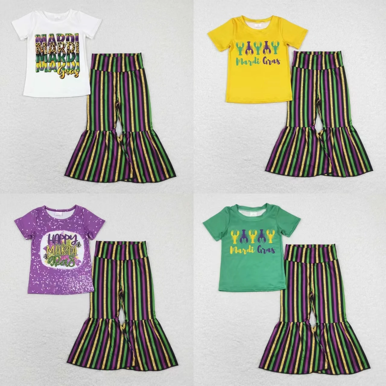 

Рубашка с коротким рукавом для маленьких девочек, одежда для малышей, Детские полосатые штаны с колокольчиком, наряд для ползания, Детский комплект Марди Гра, оптовая продажа