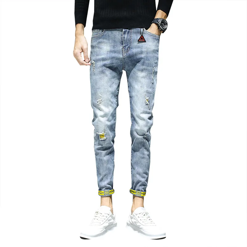 Denim Jeans 2022 Summer New Casual Pants Jean Slim Elastic Small Feet Light Color Ripped Hole Youth Teenager Ankle Long Pants