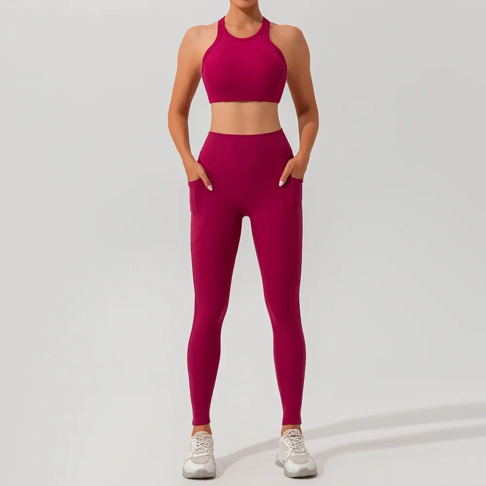 

New Women Ribbed Gym Yoga Set 2pcs Sports Bra Crop Top High Waist Leggings Tracksuit Workout Clothes Fitness Sportswear
