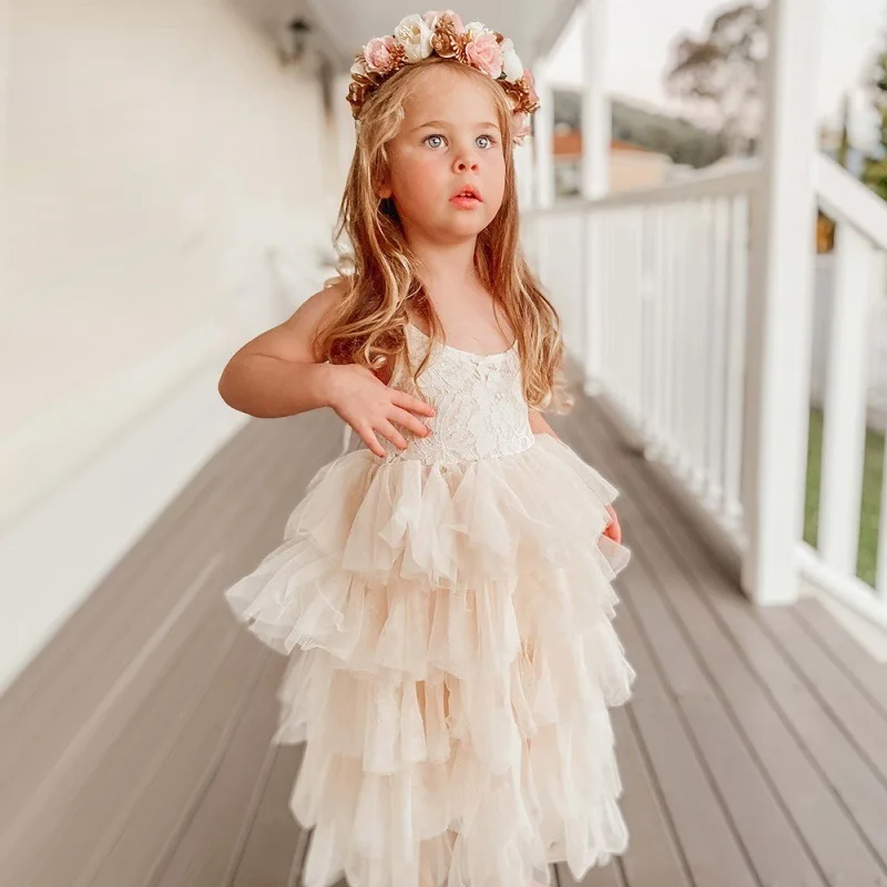 

Champagne Flower Girl Dresses Puffy Appliques Tiered Sleeveless For Wedding Birthday Party First Communion Gowns