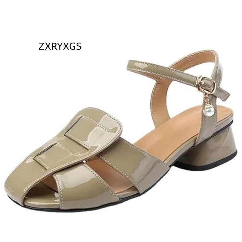 

ZXRYXGS Premium Cowhide Lacquer Leather Sandals Women Thick Heels 2023 Round Toe Buckle Summer Roman Shoes Woman Fashion Sandals