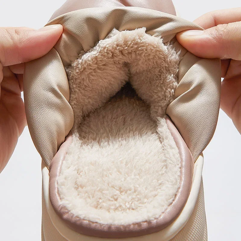 Winter Women's Fur Outside Slippers Waterproof PU Leather Warm Plush Couple Cotton Shoes Indoor Bedroom Flat Heels Fluffy Slides