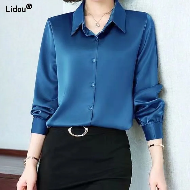 Elegant Turn-down Collar Blouses Temperament Solid Thin Button Pleated Fashion Casual Office Intellectual Women's Clothing 2023