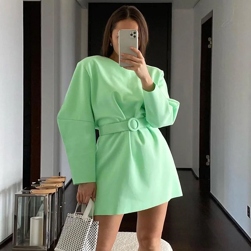 Simple Casual O Neck 2021 Green Women Hoodies Mini Sweatshirts Dress Autumn Sexy Club Long Sleeve with Belt Party Y2K Dresses