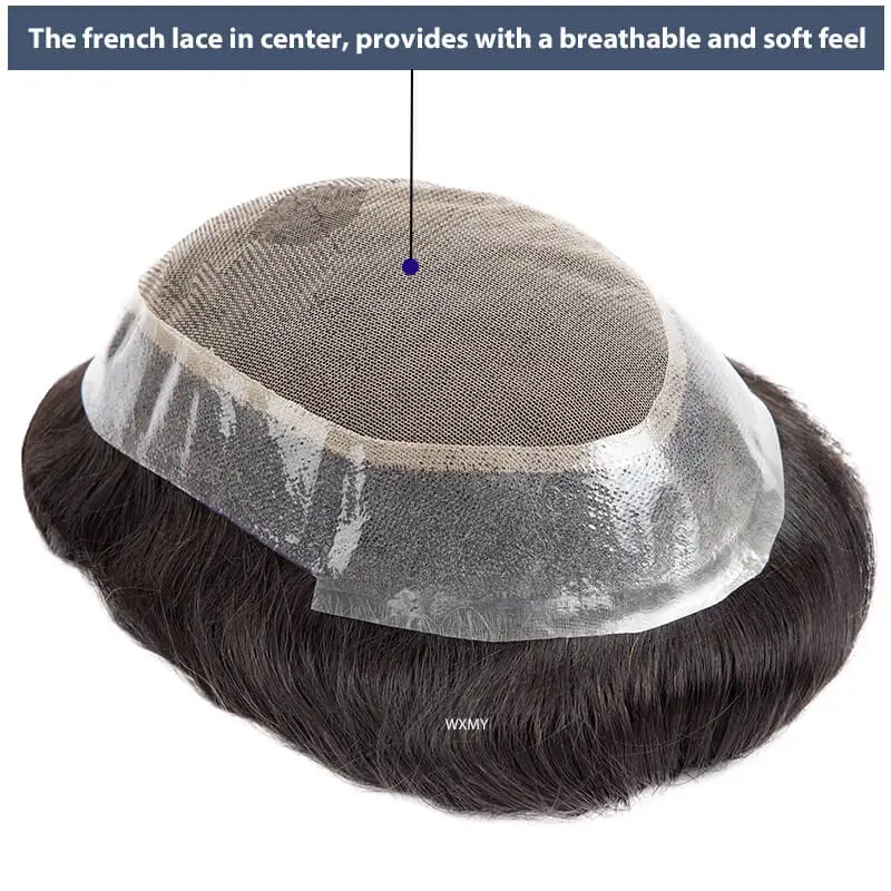 Australia French Lace & Skin Base Male Hair Prosthesis 6" Natural Human Hair Toupee Men's Wig Breathable Hair Replacement System 2