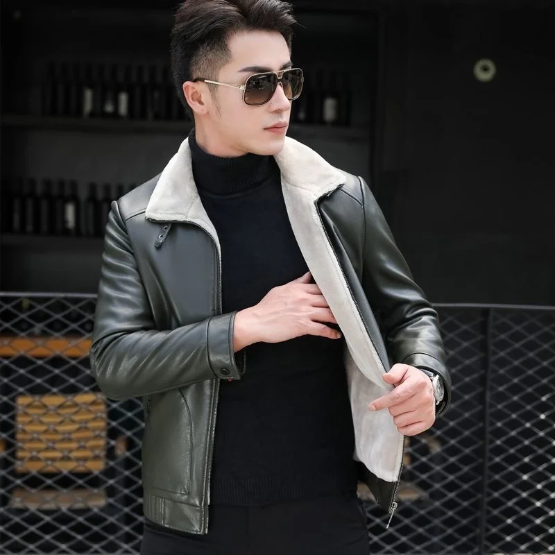 

New Genuine Leather Coat for Men's Winter Plush Warm Integrated Lamb Fur 100% Authentic