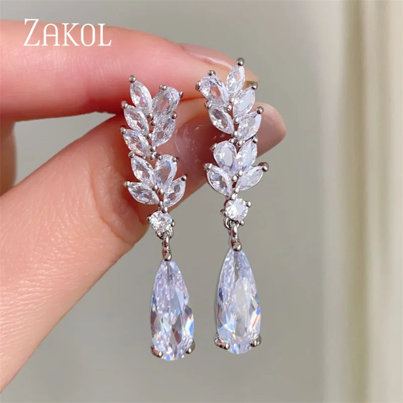 Zircon Leaf Dangle Earrings Water Drop Crystal Flower Pendant Earring For Women Bridal Wedding Jewelry dangle earrings,drop earrings,flower earrings,pendant earrings,crystal earrings