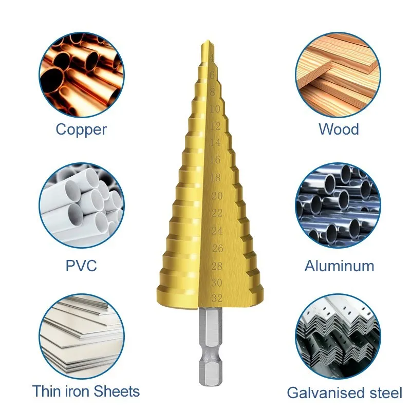 XCAN Step Drill Bit 3pcs 4-12/20/32mm with 1pc Automatic Center Punch Wood Metal Hole Drilling Tool Cutter HSS Drill Bit