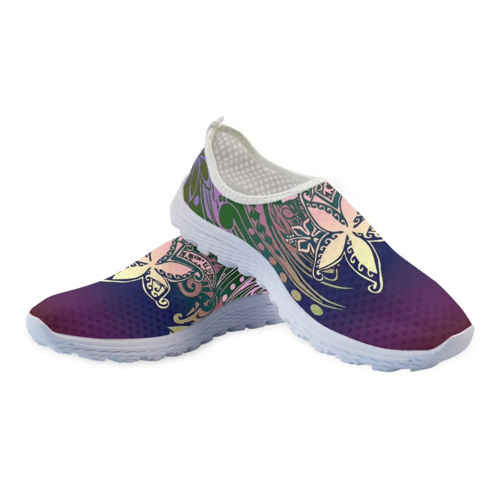 INSTANTARTS Tribal Polynesian Plumeria Flower Prints Flat Shoes for Women Light Slip-on Casual Loafers Summer Cool Mesh Sneakers