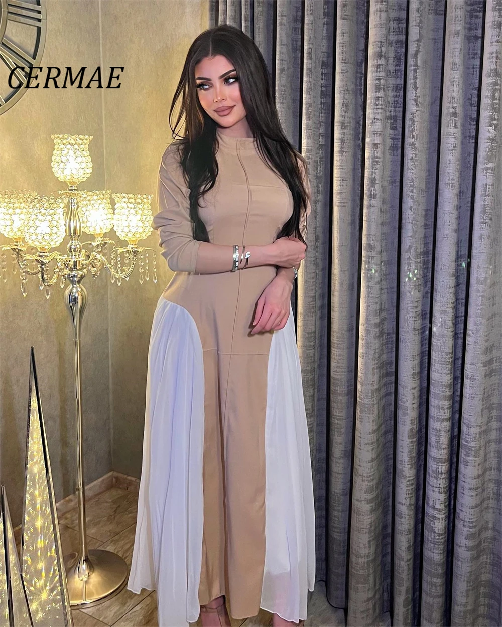 

CERMAE O-Neck A-Line Pleat Elegant Chiffon Evening Gown Prom Long Brown and white Party Dresses for Women 2023