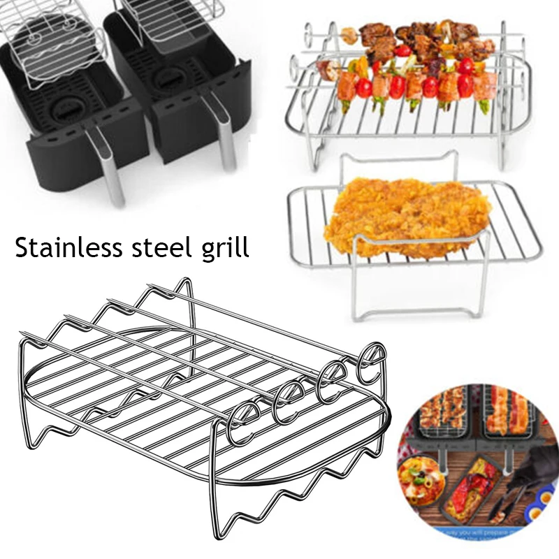 Kitchen Grill Air Fryer Rack For Ninja Dual Air Fryer With Barbecue Sticks  For Double Basket Air Fryers Oven Microwave Baking
